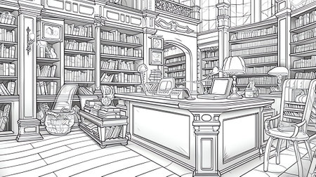Bookstore interior with shelves, desk and cashier counter. Vector cartoon illustration of empty bookの素材