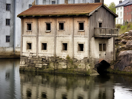 Old hall with an old floating craneの素材