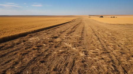 Wheat field after harvest, mowed field, empty field with straw after harvest, seasonal farm work. Hiの素材