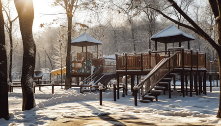 closeup traditional belt swing covered up with snow on an empty playground during winter seasonの素材