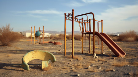 Photography on theme empty playground with metal slide for kids on background natural nature, photoの素材