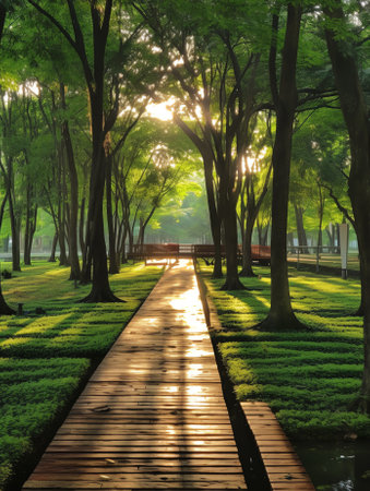 Empty narrow walkway between lush green trees on sunny summer day in agricultural plantation in counの素材
