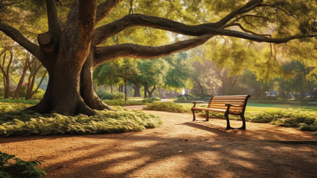A wooden bench in lush green parkland in summerの素材