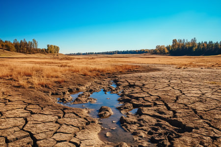 Empty dry cracked swamp reclamation soil, land plot for housing construction project with car tire pの素材