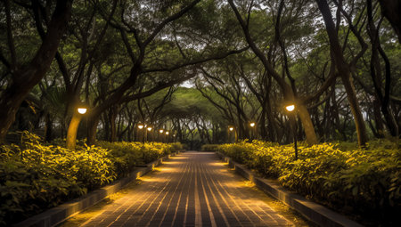 a pedestrian walkway made of tiles, leaving in perspective into the park around the walkway, groundの素材