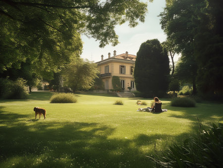 Wide lawns and ornamental trees and green forestsの素材