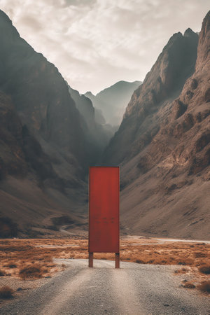 Weathered sign at an empty bus stop with red background in Morondava, Madagascarの素材