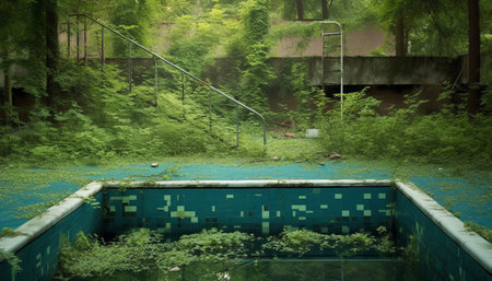 The swimming pool is dirty, has leaf litter and lack of maintenance.の素材