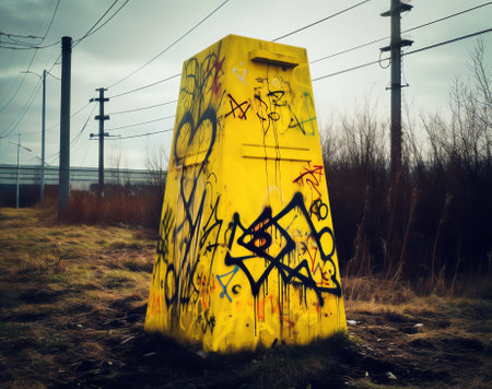 Bus stop sign with yellow paint on asphaltの素材
