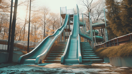 Photography on theme empty playground with metal slide for kids on background natural nature, photoの素材