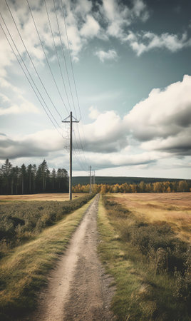 Road in the landscape with arable fields, trees, wind turbines and a blue sky in springの素材
