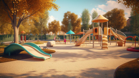 Children's empty playground is covered with yellow maple leaves. Autumn concept.の素材