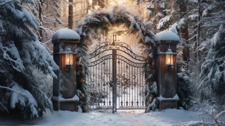 Opened garage gates of country house in winterの素材