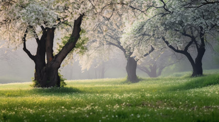 Trees in an empty field in springtimeの素材