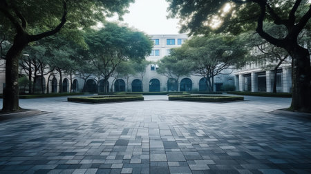 Empty square floor and green woods natural scenery in city parkの素材