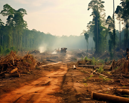 Empty field after Illegal deforestation with tree stumps, timber logging, Lumber industry, woodworkiの素材