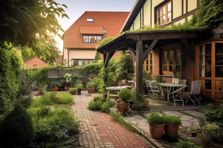modern house with garden, external, view from patioの素材