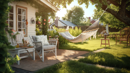 White and green hammock in garden, close-up. Empty hammock for relaxingの素材