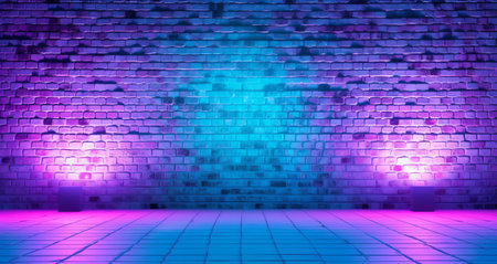 Neon Retro Brick Walls Club Mist Dark Foggy Empty Hallway Corridor Room Garage Studio Dance Glowingの素材