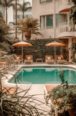reflection of lined chairs in the swimming pool of a hotel Empty seating outdoors in a exotic resortの素材
