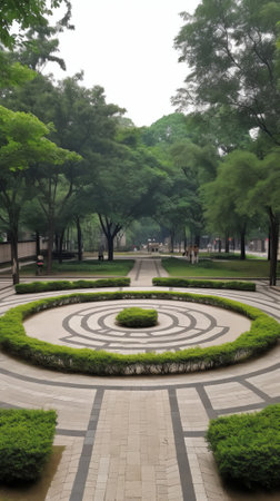 Empty square floor and green trees in natural park.の素材
