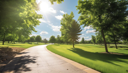 Empty street, green city park with blue sky. Pathway and beautiful trees track for running or walkinの素材