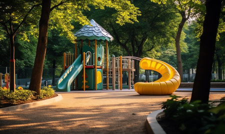 Photography on theme empty playground with metal slide for kids on background natural nature, photoの素材