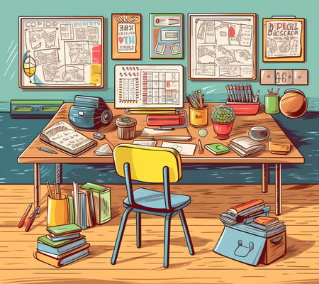 Student desks and chairs are arranged neatly in the classroom.の素材