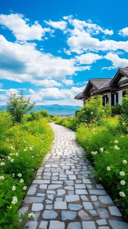 Empty street at the nice and comfortable garden background with nice blue skyの素材