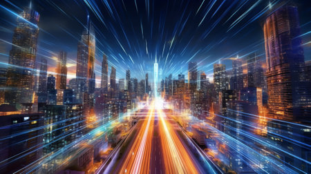 3D Rendering of warp speed in hyper loop with blur light from buildings' lights in mega city at nighの素材