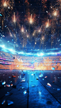 Evening stadium arena soccer field championship win! Confetti and tinsel . Yellow toningの素材