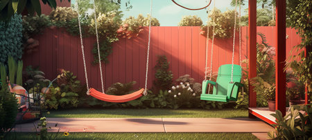 Vintage wooden swing in the garden of an old house - renderingの素材