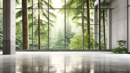 Space for products showcases in the concrete hallway with a park background.3d rendering.の素材