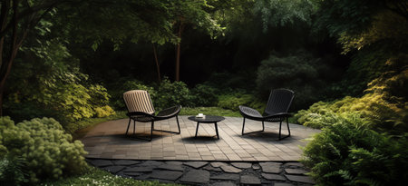 Black chair in wood patio at green garden with fountain in house. Outdoor garden.の素材