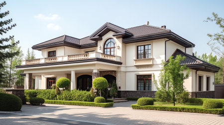 European style villa with backyard garden with nicely trimmed trees and bushes in near house. Landscの素材