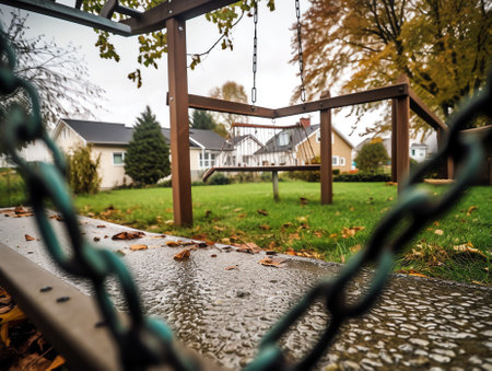 Photography on theme empty playground with metal swing for kids on background natural nature, photoの素材