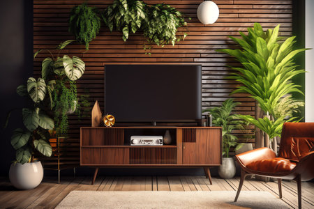 Wood TV cabinet interior wall Mockup with small plant tropical style in living room place with freeの素材