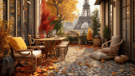 Cozy Autumn patio with chairs, hearth and fire woods. Exterior in backyard for relax in autumn gardeの素材