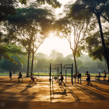 empty square floor in modern park during sunrise.の素材