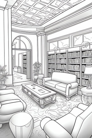 Five chairs in a row in an empty waiting room. Hand drawn line art cartoon vector illustration.の素材