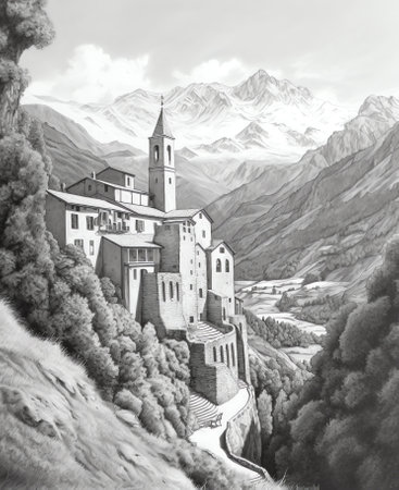 Landscape with a chapel in a mountain villageの素材