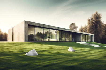 New house with concrete floor terrace and empty white wall. 3d rendering of green grass lawn in modeの素材