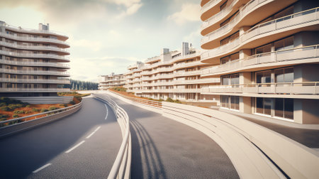 Ashgabat, Turkmenistan - May 14, 2016: Residential apartment building and an air-conditioned bus staの素材