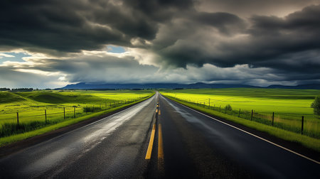 Asphalt road and green fields nature landscape in spring seasonの素材