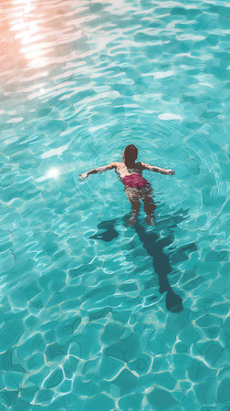 Good water quality, Girl hand holding blank paper clipboard over clear swimming pool water backgrounの素材