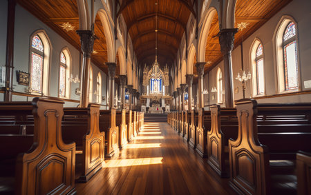 Row of vacant wooden chairs in a cathedralの素材