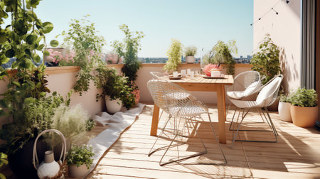 Plastic chairs and wooden table on WPC flooring terrace outdoors. Home outdoor terrace with empty paの素材