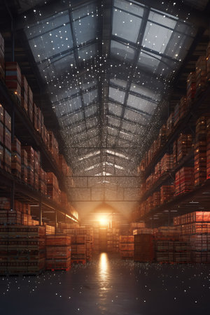 Warehouse with shafts of light pouring through roofの素材