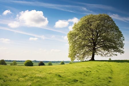 Countryside View of Furrowed Farmland with a Lone Oak Tree and Blue Sky in the Distanceの素材