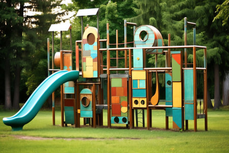 Photography on theme empty playground equipment for kids on background natural nature, photo consistの素材